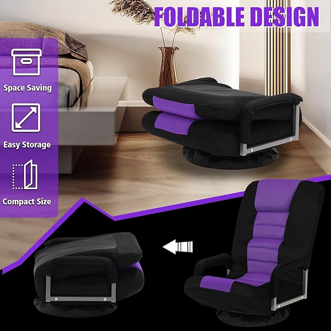 ACIPENSER Swivel Gaming Chair Multipurpose Floor Gaming Chair for Playing Video Games, TV, Reading w/Armrest Lumbar Support & 6 Adjustable Postion Backrest for Adults & Kids,Purple