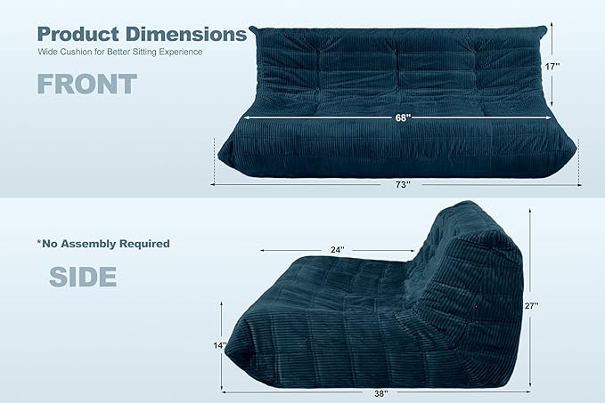 Bean Bag Chair,Giant Beanbag Chairs for Adults,Comfy Large Fireside Chair Lazy Sofa,Corduroy Bean Bag Lounger with Memory Foam Filled,Floor Sofa Couch for Living Room (Navy Blue, 3-Seater)