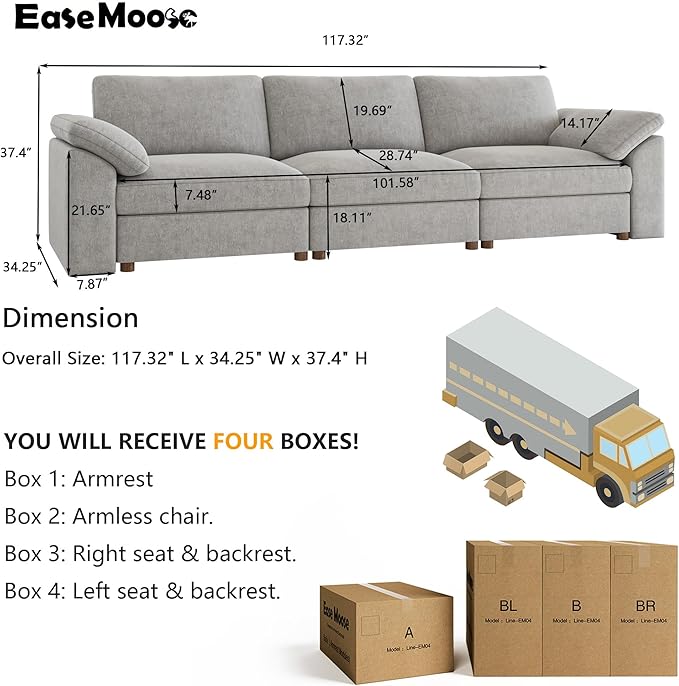 EASE MOOSE Modern Loveseat Sofa for Living Room, Comfty 3Seat Solid Wood Frame Sofa, FSC Certified Modern Deep Seat Couch,Grey
