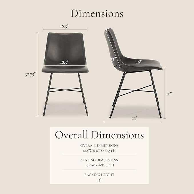 POLY & BARK Paxton Leather Dining Chairs – Set of 2 Modern Dining Room Chairs with Low Back – Faux Leather Upholstery and Matte Black Steel Base – Comfortable Seating for Stylish Interiors – Grey