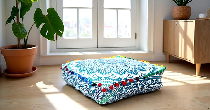CRAFT KALA Green Ombre Large Hippie Mandala Meditation Floor Ottoman Pillow Cushion Pouf Cover Square Poufs Bohemian Circle Floor Cushion Case Outdoor Fireplace Yoga Living Room Decor Cover 24" Square