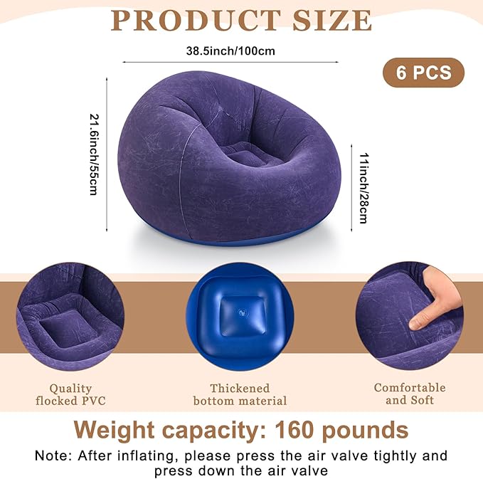 Realspring 6 Pcs Inflatable Bean Bag Chairs for Adults with Electric Air Pump, Blow up Couch Folding Portable Inflatable Couch Lazy Sofa for Outdoor Movie Nights Camping Room (Blue)
