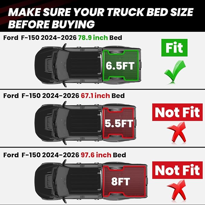 LASFIT 6.5ft Bed Mat for Ford F-150 2026 2025 2024 Truck Box All Weather Protector TPE Durable Easy Clean Bed Liner for F150-Not Fit for Drop in Bedlienr