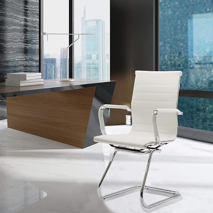 DM Furniture Reception Chairs Leather Conference Chairs No Wheels Back Support Heavy Duty Office Guest Chair, Set of 2 (White)
