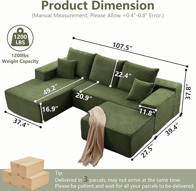 Lakifun 107" L-Shape Sofa with Ottoman, Modern Modular Sectional Comfy U-Shape Cloud Couch, Deep Seat, Upholstered Corduroy Sleeper Chaise Longue for Living Room Bedroom, No Assembly Required, Green