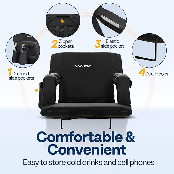 VIVOHOME Reclining Stadium Seats with Back Support and Cushion, 2 Pack Portable Padded Bleacher Chairs with Armrest and Cup Holder, Comfortable for Various Sports Events