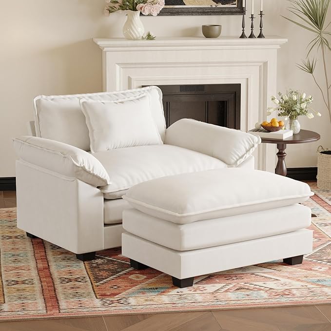 HUSFU Oversized Accent Chair with Ottoman, Cloud Couch Chair with Deep Seat and Extra Wide Armrests, Comfy Reading Armchair for Bedroom, Living Room, Beige