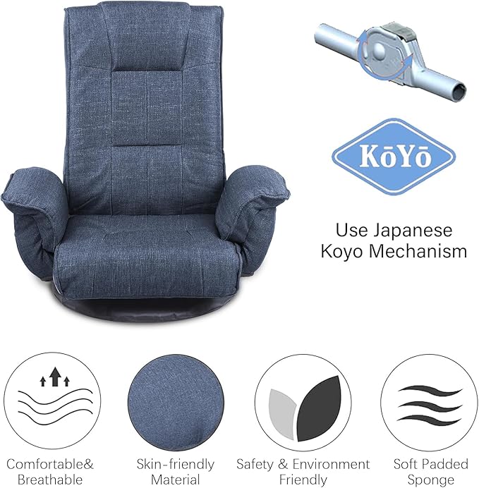 FLOGUOR 360 Swivel Gaming Chair 14-Position Adjustable Folding Floor Sofa with Armrests Lounger Bed for Home & Living Room Chaise Lounge Indoor for Adults (Blue)