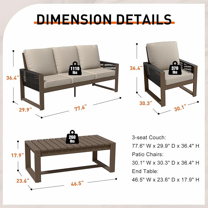 INTER HUT Rustic Hideaway Natural Cedar Wood Outdoor Furniture Set, Wicker Patio Conversation Set for Porch Garden Backyard, Couch, 2 Patio Chairs and Coffee Table, 4 Piece, Brownish/Beige