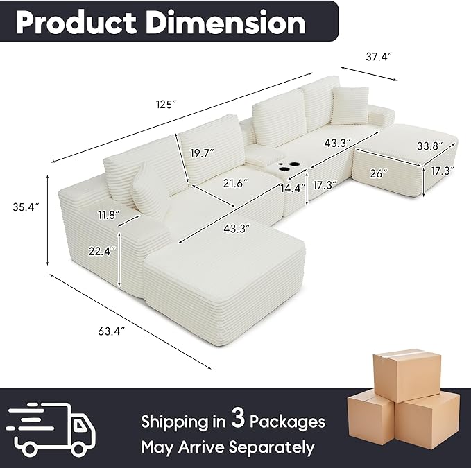 125” Oversized Modular Sectional Sofa, Deep Seat Corduroy Cloud Couch with Cup Holders, USB Ports & Storage Box, Sleeper Sofa Couch Boneless Couches for Living Room, No Assembly Required (Beige)