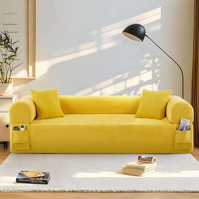 83" Boneless Couch, 3 Seater Sofa with 2 Matching Pillows Compact Corduroy Couches for Living Room Side Storage Pockets, Floor Sofa with Removable Armrests, No Assembly Required, Yellow