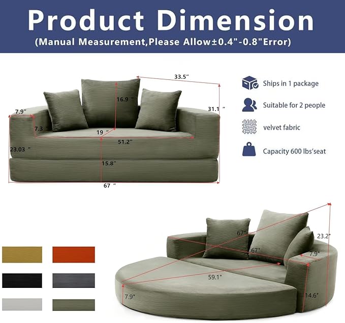 67" Round Convertible Folding Sofa Bed, Boneless Couch Loveseat, Floor Sleeper Chaise Lounge for Living Room, Apartment, Dorm, Small Spaces, Green