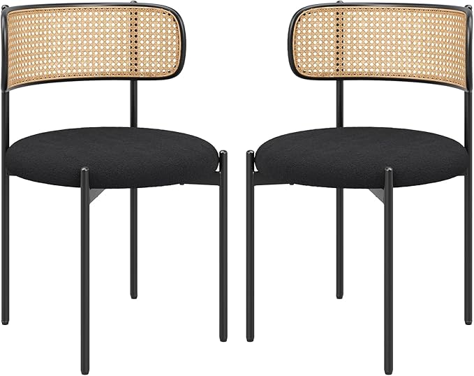 Farini Dining Chairs Set of 2,Mid-Century Modern Kitchen Chair Rattan Backrest Round Upholstered Sherpa Dining Chairs with Metal Legs,Black