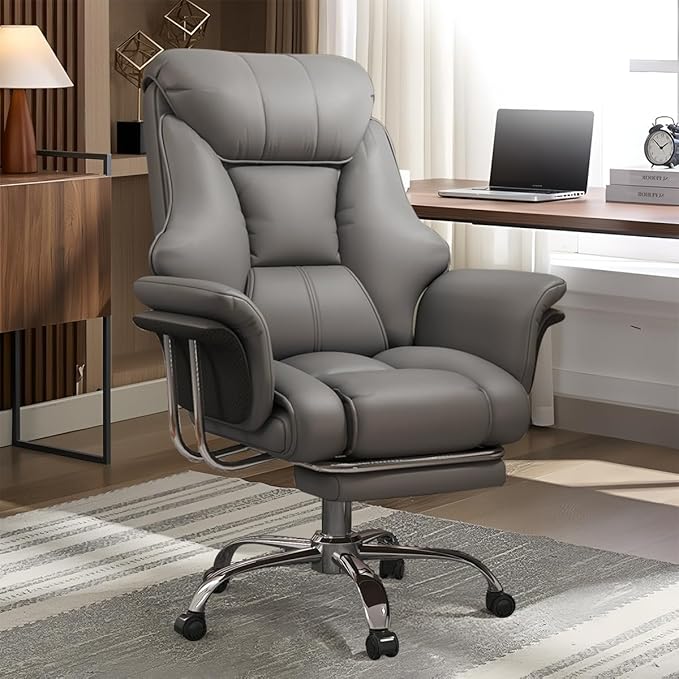 BTFYOU Big and Tall Office Chair with Armrests Executive Chair with Footrest and Spring Lumbar Support High Back Leather Ergonomic Chair Adjustable Height Tilt Lock for Business