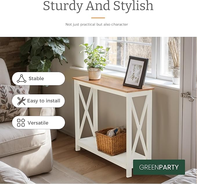 GREEN PARTY Vintage Farmhouse Entryway Console Table, 2-Tier Narrow Sofa Table with Storage Shelf for Living Room and Hallway, Rustic Accent Furniture with Sturdy X-Shaped Legs, Ivory White