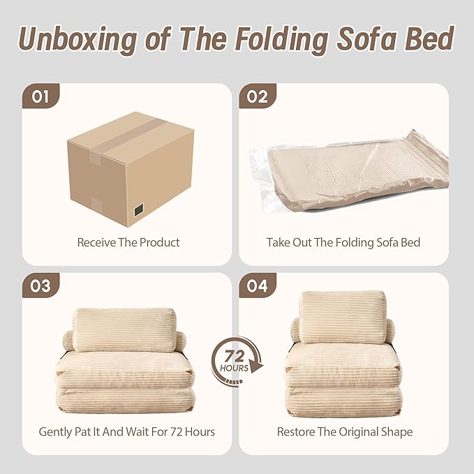 CAODOC Folding Sofa Bed Convertible Sleeper Chair with Pillow, Foldable Mattress Lounge Chair for Living Room Bedroom, Portable Guest Bed Beige