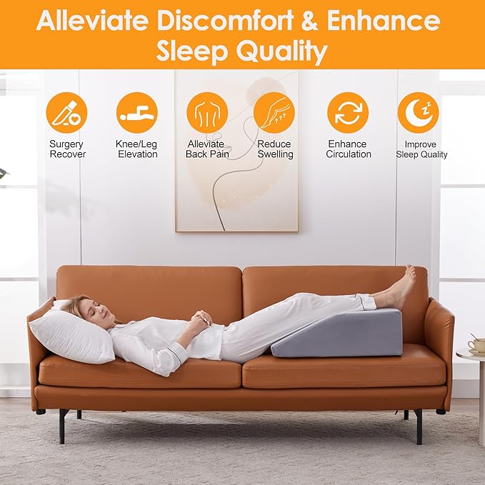 Ruqmuis Leg Elevation Pillow for After Surgery, 8inch Foam Leg Elevating Pillow for Swelling and Blood Circulation, Leg Wedge Pillow for Sleeping, Knee Pillow for Knee Hip Ankle Pain Relief, Velvet