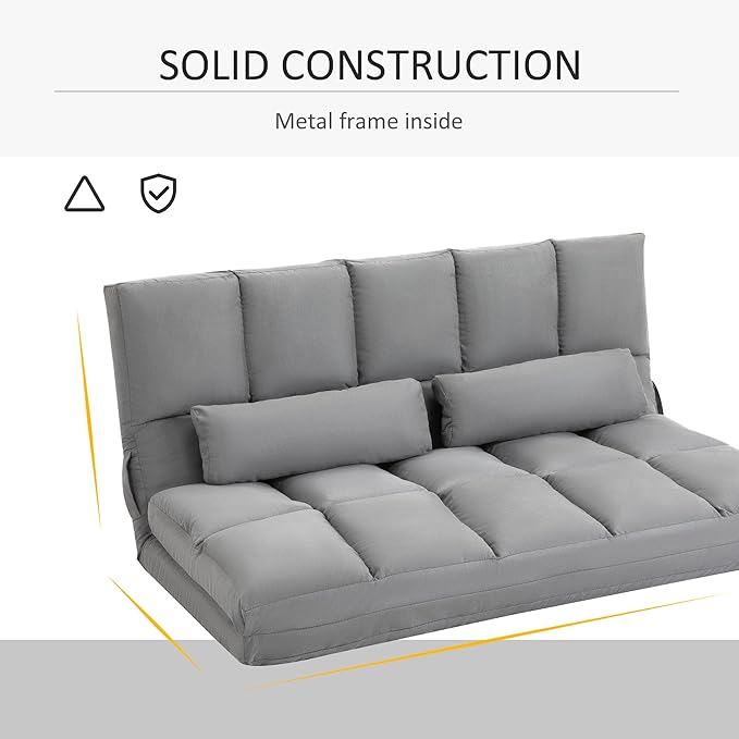 HOMCOM Convertible Floor Sofa Chair, Folding Couch Bed, Guest Chaise Lounge with 2 Pillows, Adjustable Backrest and Headrest, 51.25" L, Light Gray