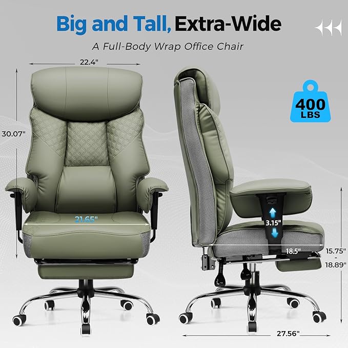 GTRACING Big and Tall Office Chair 400LBS Wide Ergonomic Gaming Chair with Deluxe Embossing Designed Leather with Foot Rest,150°Reclining Adjustable Soft Armrests Pocket Spring Back Support and Pillow