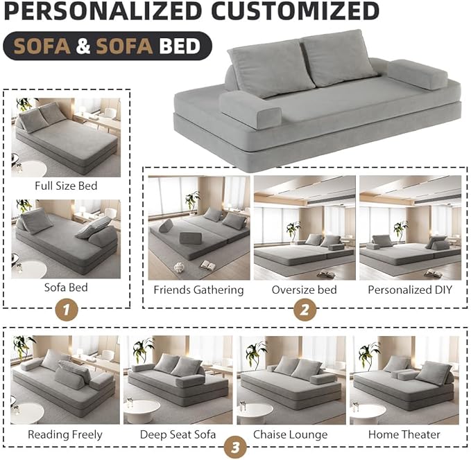Convertible Sleeper Sofa Bed Floor Sofa,86.6" King Size Folding Mattress Couch with Pillow,Upholstered Boneless Cloud Couch for Apartment Living Room Bedroom (Light Gray)