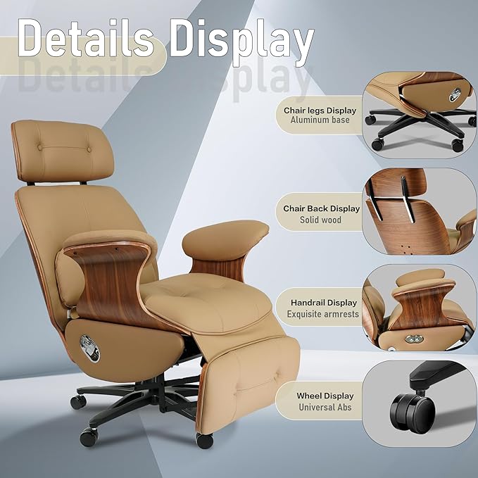 Genuine Leather Office Chair with Electric Reclining, Footrest, Lifting and Massage Function, 350lbs Capacity Ergonomic Executive Chair with Alu Base and 360° Wheels for Home Living Room