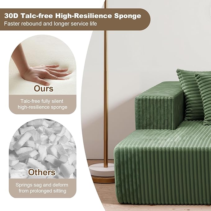 130'' U Shaped Couched for Living Room, Cloud Modular Sectional Couch with 2 Chaise Lounge, Modern Minimalist Upholstered Sofa Sleeper Deep Seat Corner Couch, No Assembly Required Green