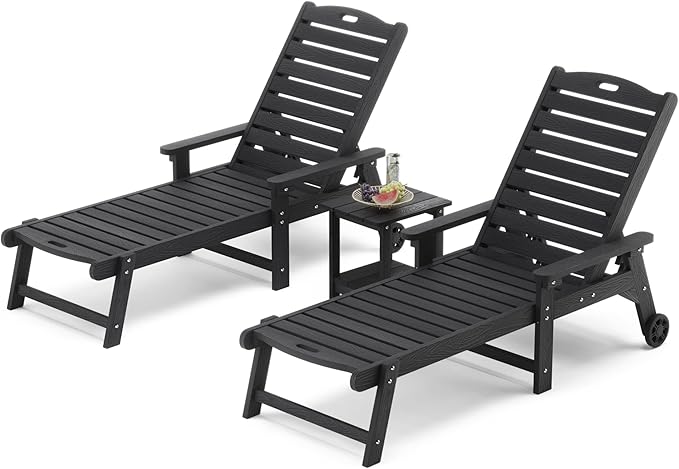 LUE BONA Chaise Lounge Chair with Table, 3-Piece, HDPS Chaise Lounger, 5 Positions Adjustable Lounge Chairs, Pool Lounge Chair with Wheels for Poolside, Backyard, Black