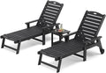 LUE BONA Chaise Lounge Chair with Table, 3-Piece, HDPS Chaise Lounger, 5 Positions Adjustable Lounge Chairs, Pool Lounge Chair with Wheels for Poolside, Backyard, Black