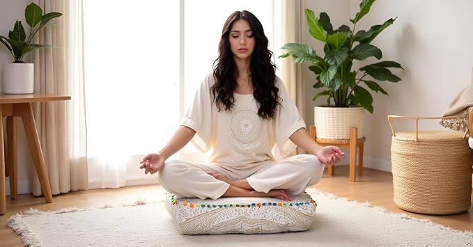CRAFT KALA Gold Large Hippie Mandala Meditation Floor Ottoman Pillow Cushion Pouf Cover Square Poufs Bohemian Circle Floor Cushion Case Outdoor Fireplace Yoga Living Room Decor Cover 16" Square