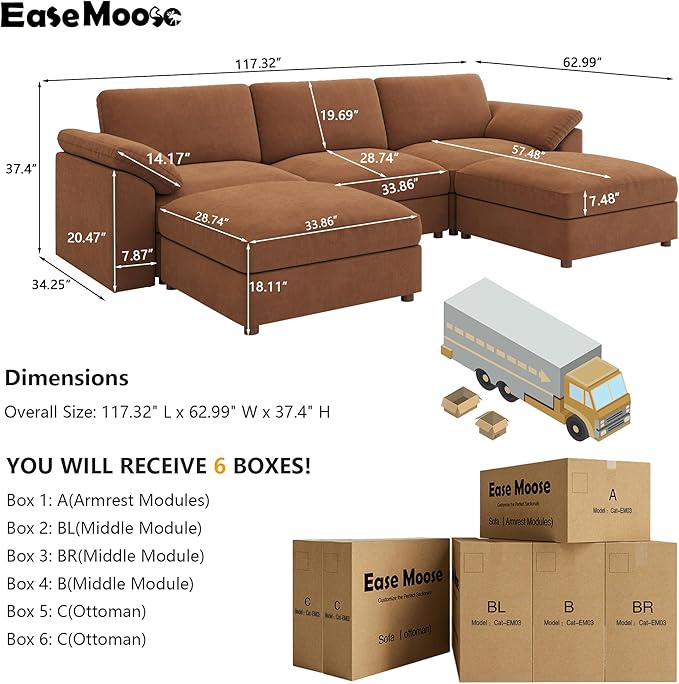 EASE MOOSE Oversized Modular Sectional Couch,Deep Seat L Shape Sectional Couch,Comfty Chenille Modular Sofa for Living Room, Removable Cover