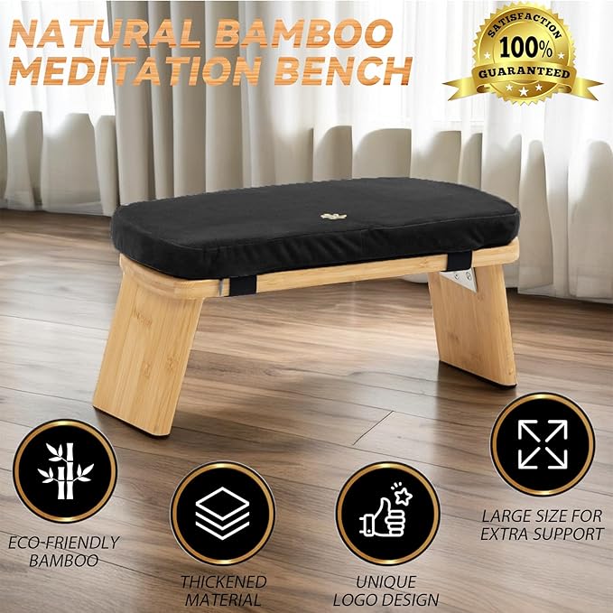 Estleys Meditation Bench, Bamboo Meditation Stool, Folding Kneeling Meditation Bench, Seiza Prayer Bench, Prayer Bench with Meditation Cushion, Kneeling Stool (Black)