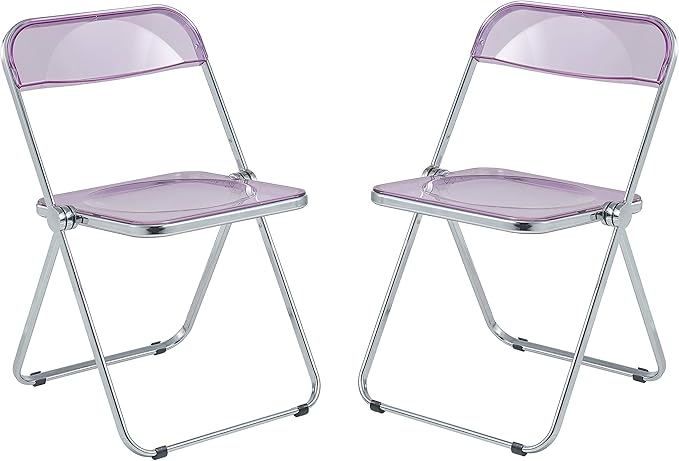 LeisureMod Lawrence Modern Clear Acrylic Folding Chair with Metal Frame, Space-Saving Transparent Seating for Dining Room, Home Office, Bedroom, Vanity or Small Spaces, (Magenta, Set of 2)