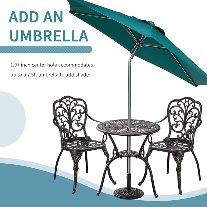 Withniture Outdoor Bistro Table and Chairs Set of 2 Cast Aluminum Patio Bistro Set with Umbrella Hole, All Weather Bistro Table Set for Garden, Suitable for All People, Bronze