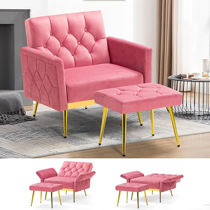 ACMEASE Velvet Accent Chair w/Adjustable Armrests and Backrests, Tufted Single Sofa with Ottoman, Upholstered Reading Chiar for Living Room, Apartment, Bedroom, Pink