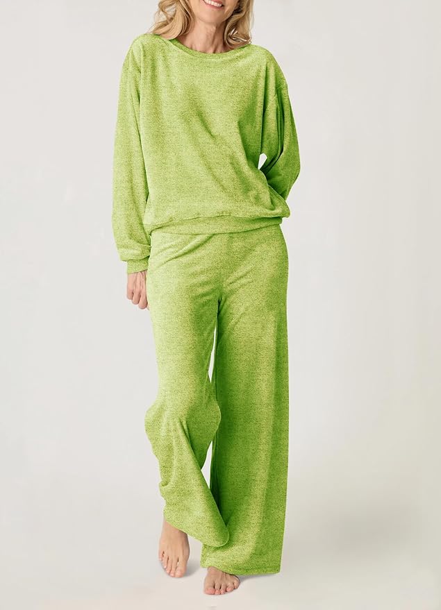 Aamikast Women's 2-Piece Lounge Set Soft Brushed Jersey Sleepwear Pajamas Set Long Sleeve Top & Wide Leg Pants