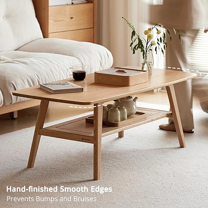 Hymus Coffee Table - 100% Solid Oak Wood- 2-Tier Coffee Table with Storage for Living Room, Eco-Friendly Finish, Easy Assembly (Natural, 39.37" D x 19.69" W x 17.32" H)