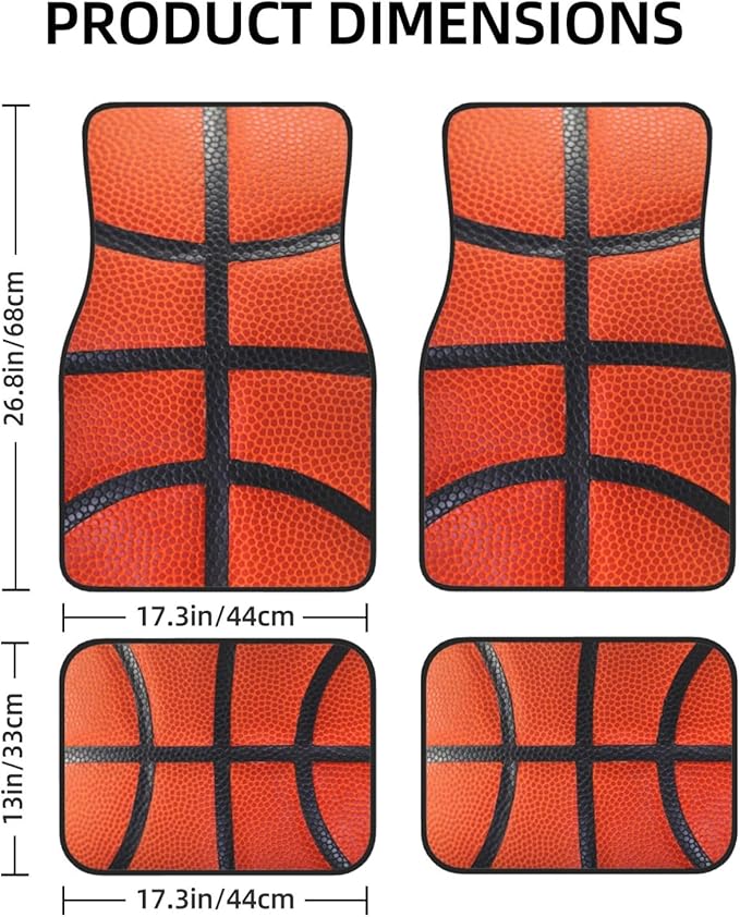 Artistic Fabric Car Floor Mats-Non-Slip Rubber Backing,Basketball,Front (26.8x17.3in) & Rear (13x17.3in) Set-Water Absorbing, Durable Automotive Floor Liners with Stylish Patterns