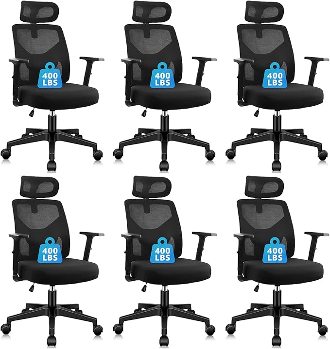 CLATINA Heavy Duty Ergonomic Office Chair 400LBS, Big and Tall Desk Chair with Adjustable Lumbar Support Mesh Back & Headrest, Swivel Computer Task Chair with 3D Arms for Home, Conference, Black, 6PCS