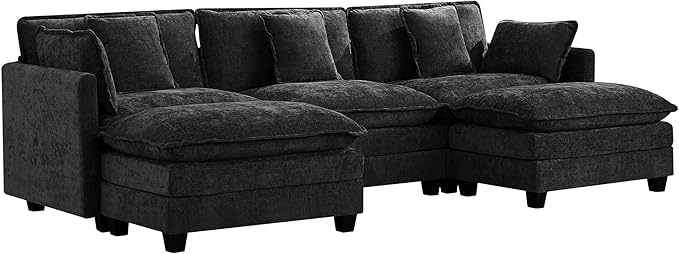 UMBFUN 3-Seater Cloud Couch with 2 Ottomans, Oversized Modular Sectional U Shaped Sofa with Deep Seat Cushions, Comfy Chenille Couch for Living Room, Dark Grey