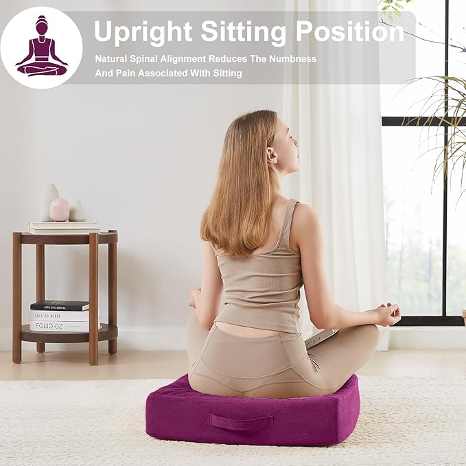 JKMAX 2 Pcs High Density Foam Floor Pillow - Upgraded Large Pillows Seating for Adults - Outdoor Floor Cushion with Soft Tufted Cover - Yoga Pillows for Sitting On Floor - 22 Inch Purple