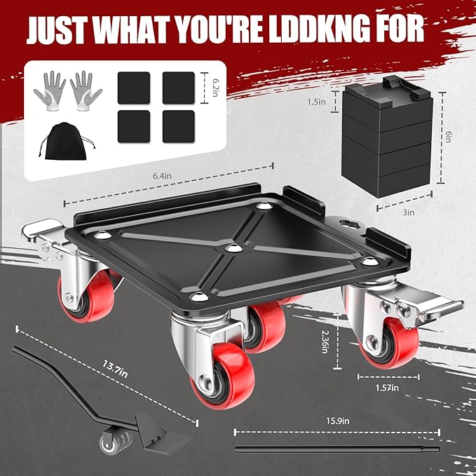 LOYAL TIGER Heavy Duty 3000LBS Furniture Dolly & Movers with 5 Wheels & Brake - 360° Rotating Moving Dolly for Furniture, Piano, Appliances - 6.4 Inch Non-Slip Sliders, Red