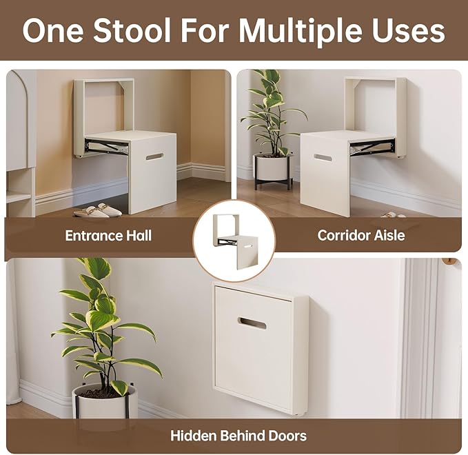 17.55“W Wall Mounted Folding Chair Solid Step Stools,Shoe Changing Stool,Door Shoe Footstool,Folding Hang Balcony Living Stool,Space Saving Hidden Wall Stools,Entryway Seat,Tea White
