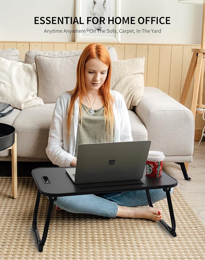 ZEAPTAC Laptop Bed Desk, Foldable Lap Desk, Portable Lap Table, Laptop Stand with Cup Holder & Tablet Slot & Lifting Handle for Working Writing Drawing & Eating - Black
