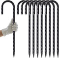AAGUT Rebar Stakes 16 Inch J Hook Heavy Duty 8 Pack, 3/8 Inch Black Coated Metal Steel Ground Anchors Chain Link Fence Stakes for Camping Tent, Inflatables, Yard Decorations, Canopies & Swing Sets