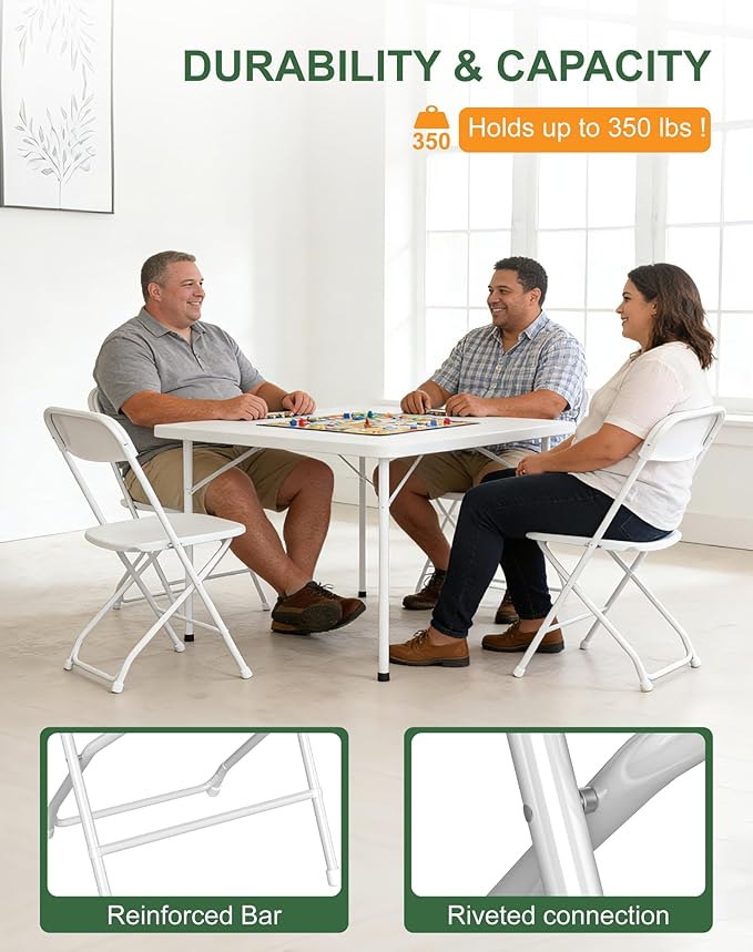 10 Pack White Plastic Folding Chairs, Heavy-Duty Steel Frame, Portable Stackable Foldable Chairs with Non-Slip Feet – Commercial Indoor/Outdoor Seating for Events, Weddings, Office, Parties