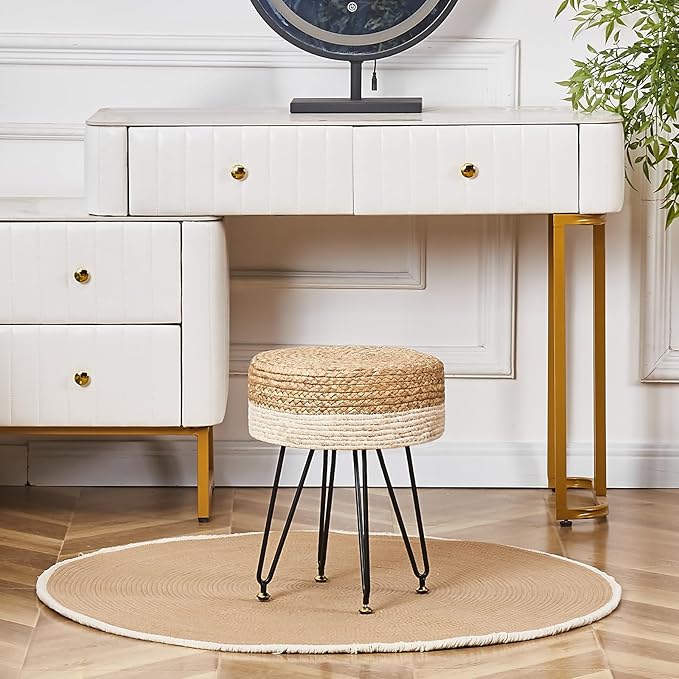 Wimarsbon Ottoman Pouf Handmade Natural Water Hyacinth,Round Footrest with 4 Metal Legs,Vanity Stool for Bedroom,Hallway,Living Room (Natural Water Hyacinth+White Corn Husk)