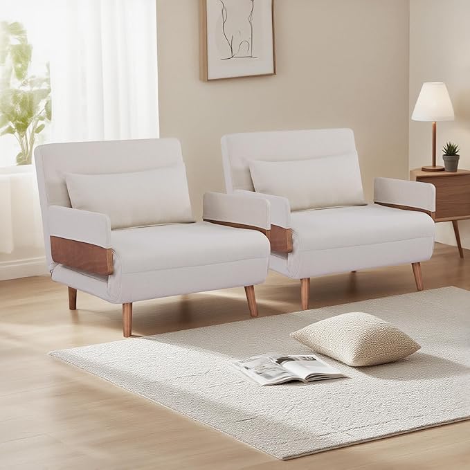 CITTANEO 2 Sets 34" Convertible Sleeper Chairs, 3-in-1 Chair Bed Sleeper for Adults with Adjustable Backrest, Pillows & Wooden Arms, 2 Piece Sofa Bed Sets for Living Room, Apartment, Office, Beige