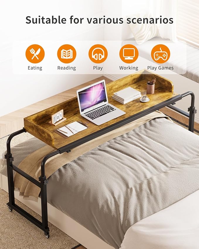 Saifu Overbed Table with Wheels,Adjustable Height & Length Laptop Desk for Bed,King & Queen Size Beds Bed Table,Rolling Standing Desk,Over Bed Table for Working Reading Eating,Brown
