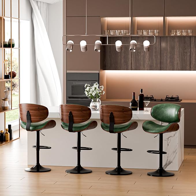 Aowos Bar Stools, Adjustable Swivel Leather Bar Stools for Kitchen Island, Mid Century Modern Counter Height Bar Chairs Barstools with Back & Footrest (Green 1PCS)