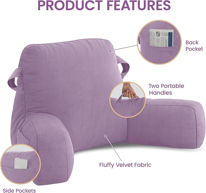 Unisakey Portable Comfy Reading Pillows for Bed Sitting Up(Lavender Purple Oeko-Tex), Velvet Back Pillow with Arms & Pockets for Adults, Support Memory Foam Bed Pillow for Dorm/Reading/Watching/Gaming